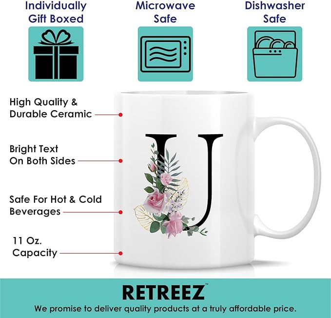 Retreez Initial A-Z Floral Botanical Bouquet Alphabet Monogrammed Monogram Mug 11 Oz Ceramic Tea Coffee Mugs - Appreciation Thank You Wedding Birthday Gifts for her friend coworker sister - U Initial