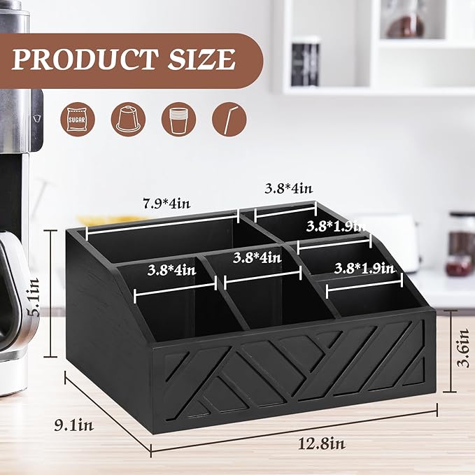 Coffee Pod Holder and Bar Accessories, Wood Station Organizer for Decor, Syrup and Condiment Organizer, Black