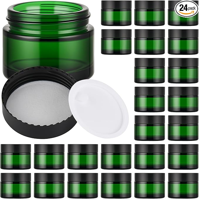 Glass Jars with Lids,Eco-Friendly Cosmetic Containers with Airtight Black Lids & Liners, Multi-Color Options for Cream, Lotion, Body Butter, DIY Skincare Travel Jars (Green, 2oz)