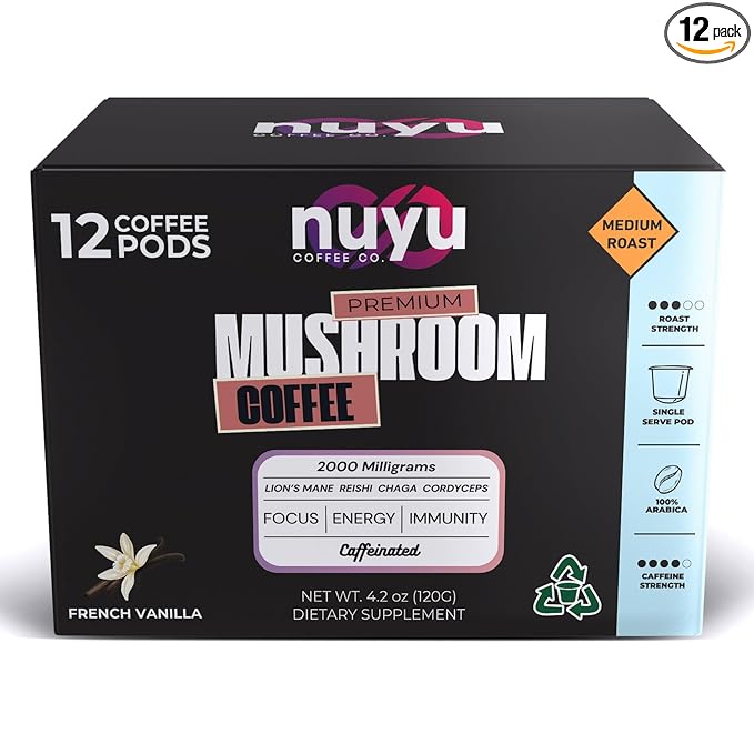 Nuyu Mushroom Coffee Pods, K-Cups, 100% Medium Roast Arabica Coffee with Lion's Mane, Reishi, Chaga, Cordyceps, 2000mg per Pod (12, French Vanilla)