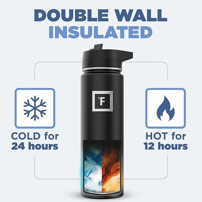 IRON °FLASK Camping & Hiking Hydration Flask with 3 Lids - Stainless Steel, Double Walled & Vacuum Insulated Water Bottle - Leak Proof & BPA Free (Blue Waves, Straw - 22 oz)