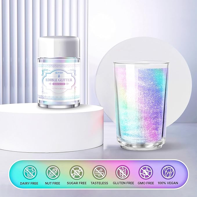 Iridescent Edible Glitter for Cocktails - Herbeklab Rainbow Luster Dust Edible Iridescent Drink Glitter Food Grade Shimmer Powder for Beverage Chocolate, 5g
