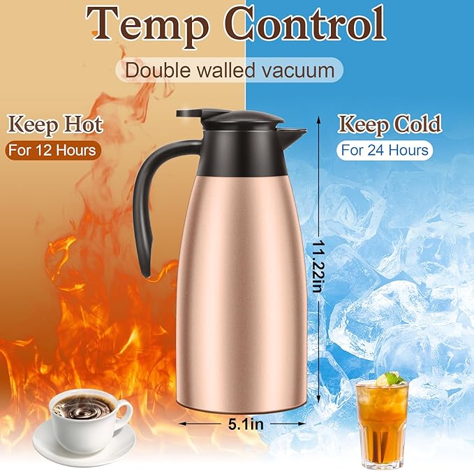 1 PCS 68 OZ Thermal Coffee Carafe, Insulated Stainless Steel Coffee Carafe Double Walled Vacuum Thermal Pot Flask with Brushes Thermos for Keeping Hot Coffee Tea Home and Office (Gold）