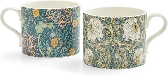 Spode Morris & Co 12oz Mug, Set of 2 - Porcelain Drinkware for Tea or Coffee, Microwave & Dishwasher Safe Cups for Kitchen Shelf Display or Home Coffee Bar Accessories (Seaweed & Pimpernel)