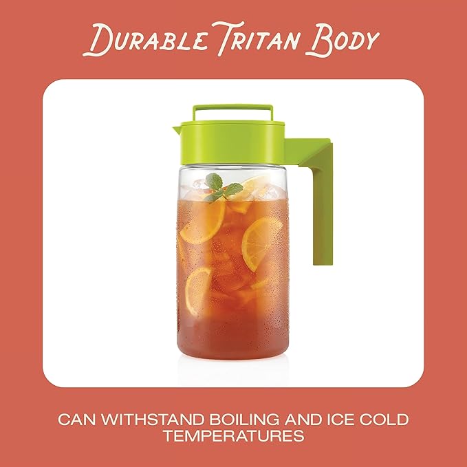 Takeya Flash Chill Iced Tea Maker - Airtight & Durable Iced Tea Maker Jug with Silicone Carry Handle - Leak-Proof & Lightweight Tea Infuser with Patented Flash Chill Technology - 2 Quart, Avocado