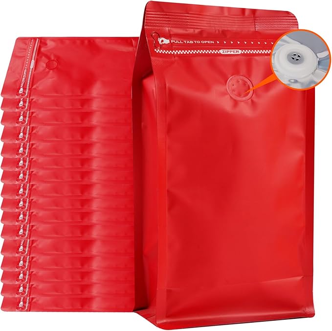 Coffee Bags with Valve (50 PCS,16oz/1lb) Red High Barrier Aluminum Foil Flat Bottom Standing Coffee Beans Storage Packaging Bags, Reusable Heat Seal Side Zipper Pouches for Small Business and Home