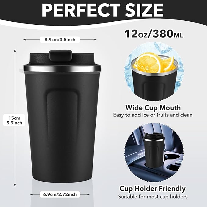 Volhoply 12 oz Double Wall Insulated Vacuum Travel Coffee Mug with Flip Lid Bulk 4 Pack,Reusable Stainless Steel Leak Proof Coffee Cups,Portable Cafe Thermal Tumbler for Cold Drinks(Assorted,4 Set)