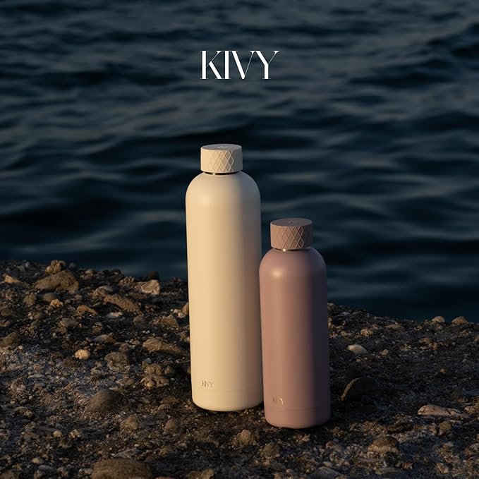 KIVY Stainless Steel Insulated Water Bottle 32oz | Slim Water Bottle for Travel, Car, Gym, Cupholder, Backpack side pocket - Slim water bottle no straw - Skinny water bottle screw top