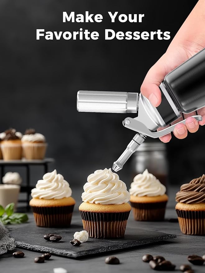 Professional Aluminum Whipped Cream Dispenser – 500 mL / 1 Pint, Includes 3 Decorating Nozzles, Cleaning Brush & Storage Bag – Ideal for Desserts, Coffee & Pastries (N₂O Chargers Not Included)