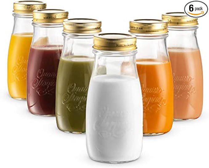 Bormioli Rocco Quattro Stagioni Bottles, Set of 6-13.5 Oz. Clear Glass with Twist Lids for Food Preserving, Beverage Serving, Homemade Gifts, Sauces & Infused Drinks - Airtight, Made in Italy