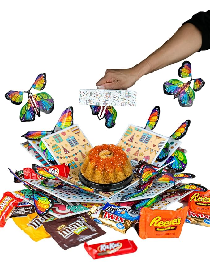 Birthday Explosion Box Gift with Flying Butterfly Surprise by Send A Cake, Vegan Carrot Bundt Cake & Candy - Birthday, Holiday, Special Occasion – Gift for Women, Men, Adults, Kids