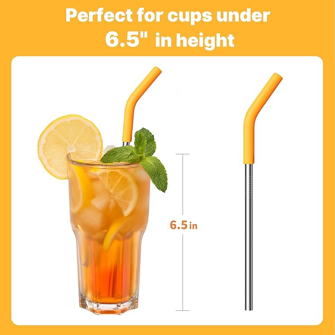 6.7" Short Metal Straw-Reusable Stainless Steel Drink Straws with Silicone Tips and Brush, Fit for 6 7 10 12 oz Small Cups (Colors 1)