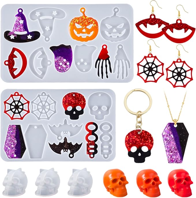 Halloween Resin Earrings Mold 3pcs Mini Skull Resin Jewelry Molds, Bat Pumpkin Coffin Silicone Mold for Earring Pendant Bracelet Keychain Making Kit DIY Epoxy Ornaments Holiday Gifts