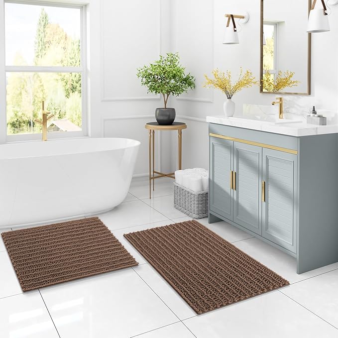 Arotive Luxury Chenille Bathroom Rug Mat, Extra Soft Thick Absorbent Shaggy Bath Rugs, Non-Slip Machine Wash Dry, Plush Bath Mats for Bathroom, Shower and Tub, 47x24, Mocha