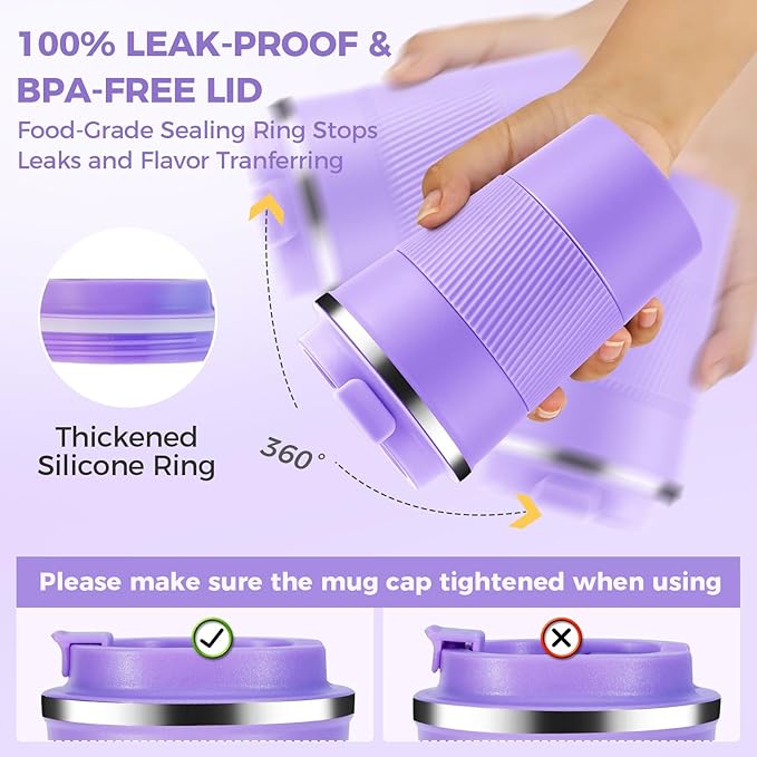 Volhoply 13 oz Stainless Steel Insulated Travel Coffee Mug with Fip Lid Bulk 2 Pack,Reusable Double Wall Vacuum Metal Coffee Cup,Portable Leak Proof Thermal Tumbler for Hot & Cold Drinks(Purple,2)