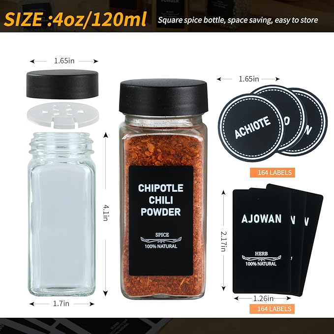 36Pcs Spice Jars Containers with Labels，4oz Black Seasoning Bottles with Shaker Lids for Rack, Cabinet, Drawer,Empty Square Condiment Pots (36, Black)