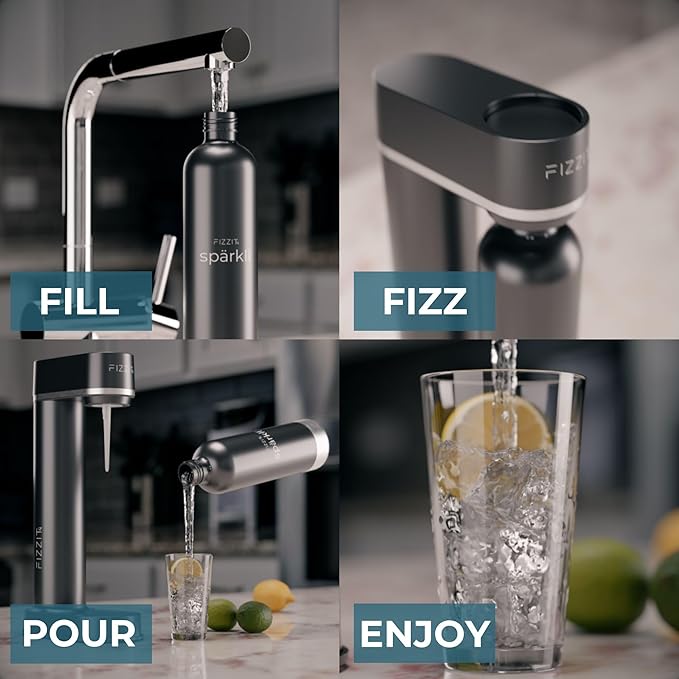 Black Stainless Steel Sparkling Water Maker Soda Machine Includes 1L Stainless Steel Black Bottle and 1 C02 Cylinder