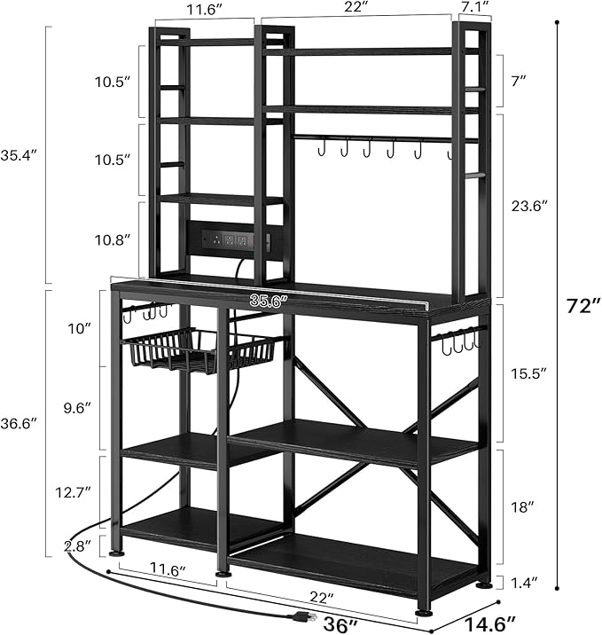 Baker Rack with Power Outlet - Microwave Stand with Storage, Large Coffee Bar Station with 14 Hooks, Metal Kitchen Shelf Rack for Spices, Pots (Rustic Black)