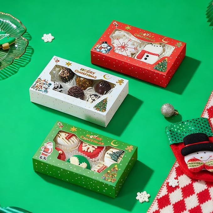 24 Pack 7x4.3x1.5Inch Christmas Bakery Boxes with 3 Patterns Clear Window Perfect for Packaging Macaron Cake Pop Chocolate Truffle Cookie Donut Pie Boxes for Treats & Holiday Party Favors