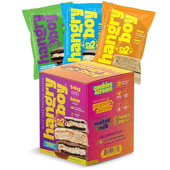 Hangryboy Protein Cookie Sandwich – 14g High Protein, Gluten‑Free, GMO‑Free Cookies - Perfect on The Go Protein Snack, Variety Pack, 3‑Count Box