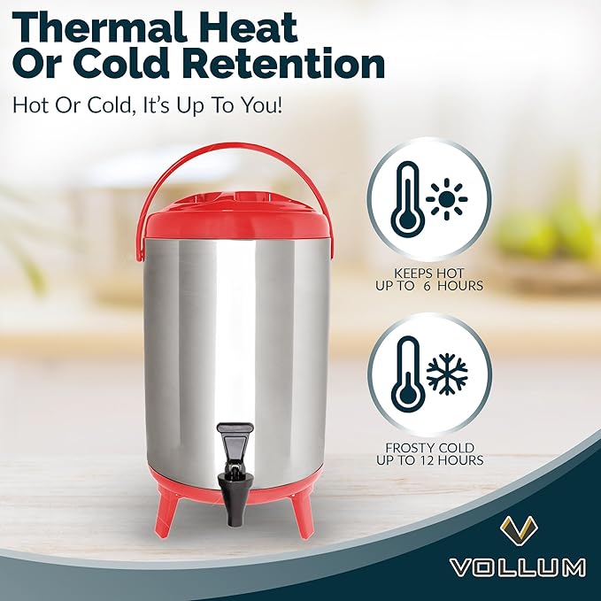 Stainless Steel Insulated Beverage Dispenser – Insulated Thermal Hot and Cold Coffee Carafe – 12 Liter Drink Dispenser with Spigot for Hot Water, Tea & Coffee, Cold Milk, Juice & More RED