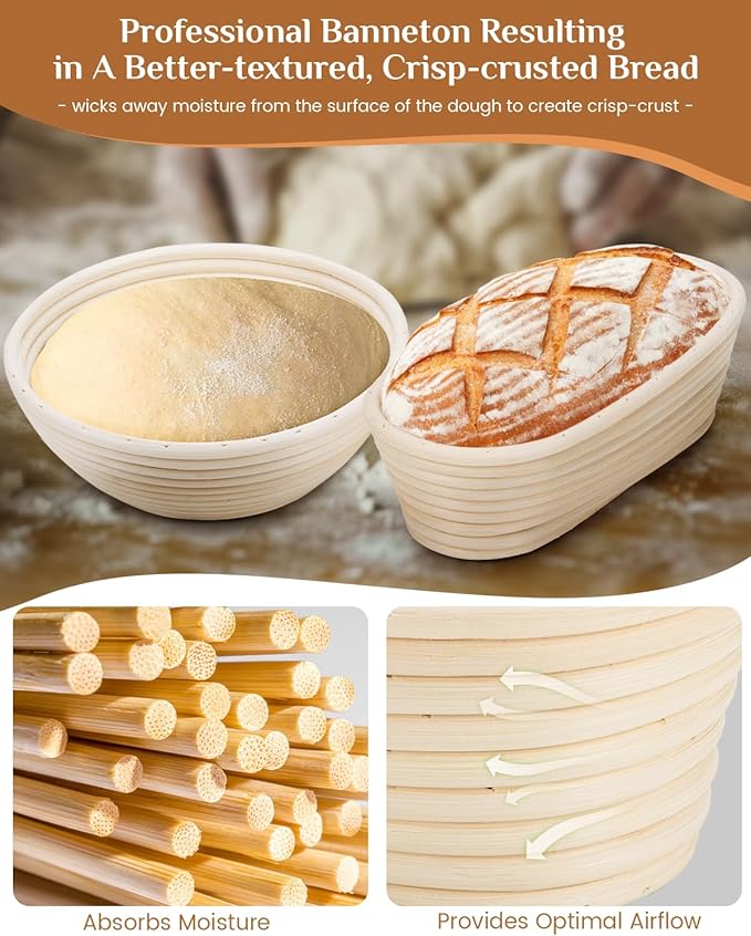 Bread Proofing Basket Set, PITCH PULSE 9 Inch Round and 10 Inch Oval Banneton Bowl with Sourdough Bread Making Tools Kit