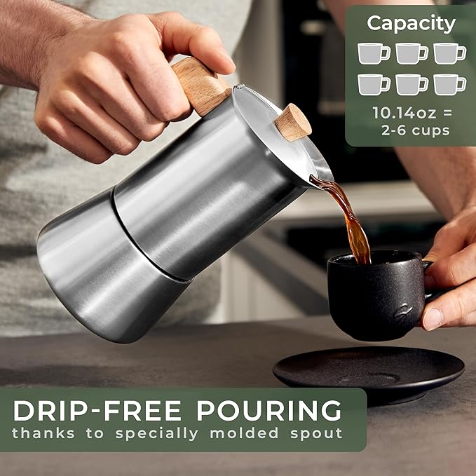 WALDWERK Stainless Steel Moka Pot (10oz) - Toxic Free Moka Pot with Oak Wood Handle - Stovetop Espresso Maker - Italian Coffee Maker for Stovetop and Induction