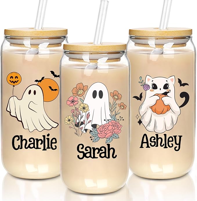 Personalized Halloween Tumbler- Boo Basket Stuffers - Can Shaped Glass with Lids and Straws18OZ -Cute Halloween Gifts for Boys Girls Kids Son Daughter