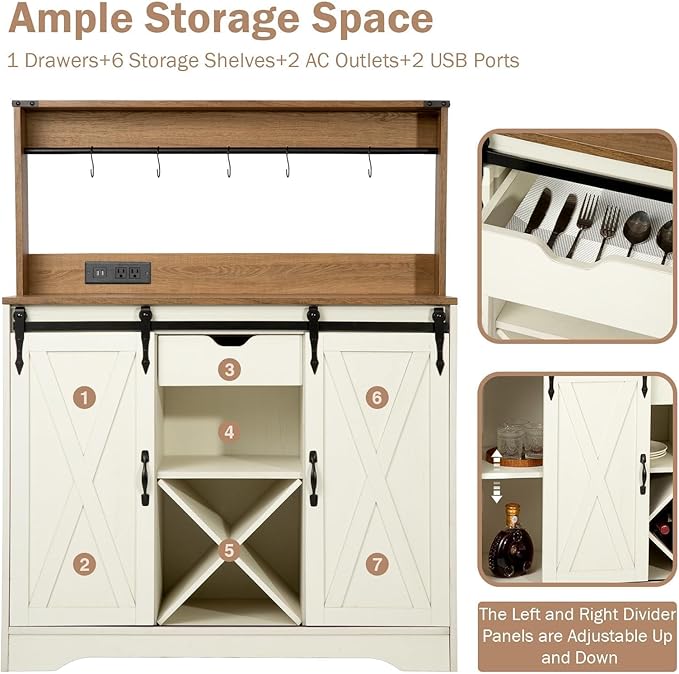 Wnutrees Farmhouse Coffee Bar Cabinet with Charging Station and USB Ports, Sliding Barn Door, 43" Kitchen Hutch Sideboard Buffet Storage Cabinet, Fits Kitchen Dining Living Room, White