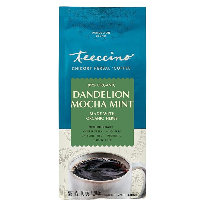 Teeccino Dandelion Mocha Mint Herbal Coffee - Caffeine-Free Coffee Alternative with Prebiotics, Gluten Free, Acid Free - Medium Roast, 10 oz