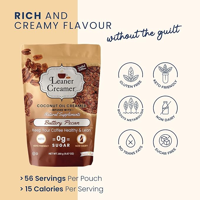 Leaner Creamer Non-Dairy Sugar Free Coffee Creamer Powder. Perfect Coconut Oil Non-Dairy Powder To Naturally Cream and Sweeten Coffee, Smoothies, Protein Shakes & More! Ideal Flavoring For All Diets (Buttery Pecan Pouch (9.87 oz))