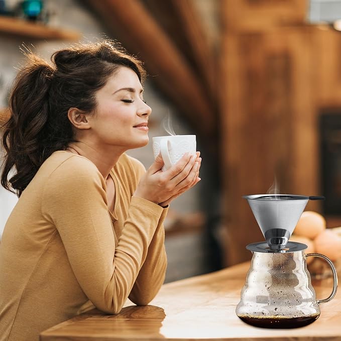 Pour Over Coffee Dripper-Stainless Steel Coffee Filter,Reusable Drip Cone Coffee Filter Portable Pour for 1-4 Cup (With Base, M)