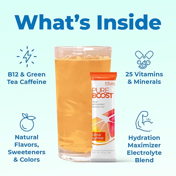 Pureboost Clean Energy Booster, Refreshing Energy Drink Mix with B12 Vitamins, Electrolytes, Antioxidants, Sugar-Free with No Sucralose (Combo Pack, 30 Count)