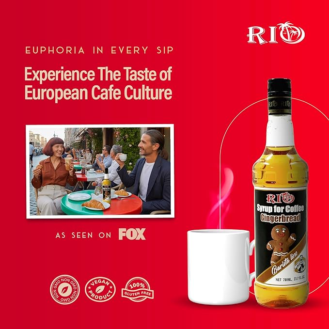 RIO Gingerbread Coffee Syrup, Perfect for Hot or Iced Drinks & Desserts, Spiced & Warming Flavoring Sweetened with Pure Cane Sugar, Barista-Grade Flavor Syrups for Coffee Drinks at Home & Work - 700ml