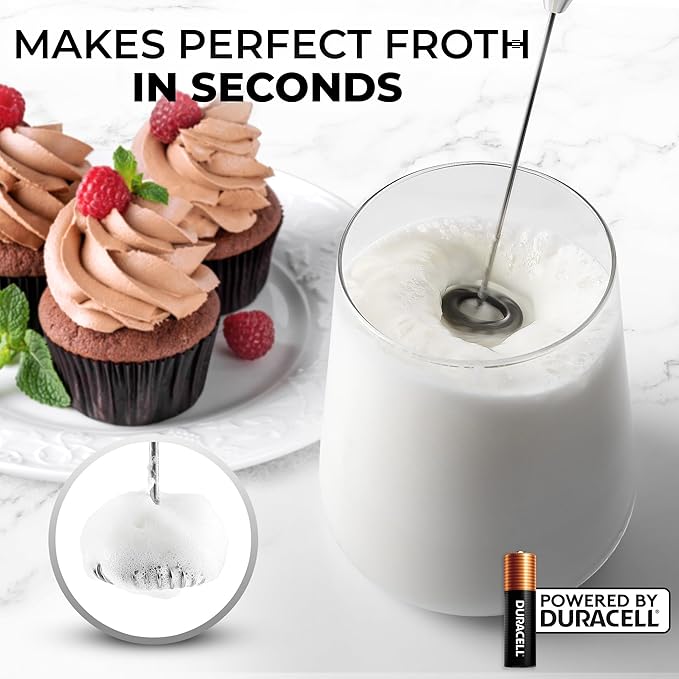 Zulay Kitchen Powerful Milk Frother Wand With 4 AA Duracell Batteries - Ultra Fast Handheld Drink Mixer - Electric Whisk Foam Maker for Coffee, Lattes, Cappuccino, Matcha & Creamer -