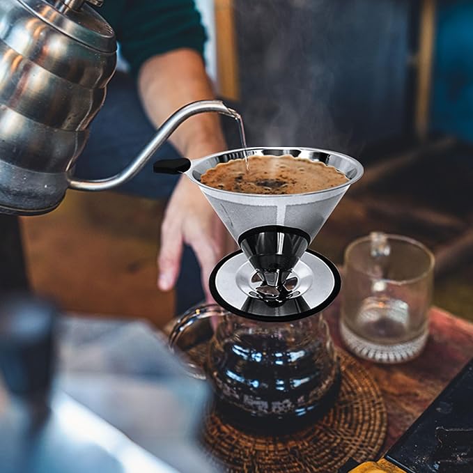 Pour Over Coffee Dripper-Stainless Steel Coffee Filter,Reusable Drip Cone Coffee Filter Portable Pour for 1-4 Cup (With Silicone Ring, S)