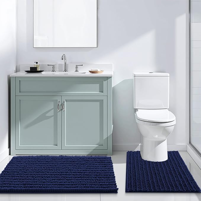 Arotive Luxury Chenille Bathroom Rug Mat, Extra Soft Thick Absorbent Shaggy Bath Rugs, Non-Slip Machine Wash Dry, Plush Bath Mats for Bathroom, Shower and Tub, 60x20, Navy