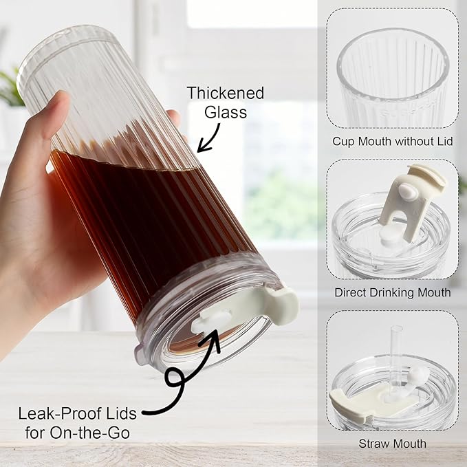 WERTIOO 20 Oz Ribbed Glass Tumblers with Straw and Lid, Glassware Drinking Glasses Set of 2, Leak Proof Ice Coffee Cups Reusable, Thickened Glass, Ideal for Iced Coffee, Smoothies and Juices