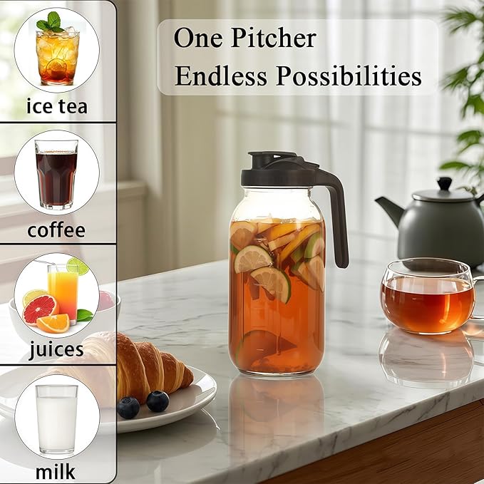 32oz Glass Pitcher Carafes With Handle and Lid, 1 Quart Mason Jar, Large Water Jug, Glass Containers for Fridge, Water Pitcher for Juice, Iced & Sun Tea, Cold Brew Coffee, Homemade Beverage