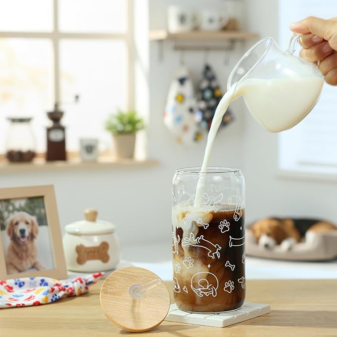 Dachshund Glass Cup with Lid & Straw for Dog Lovers - 16oz Cute Funny Weiner Dog Iced Coffee Cup Smoothie Tumbler Dog Owner Gift for Friend, Mom, Wife, Fur Mom, Pet Mommy, Sister, Coworker