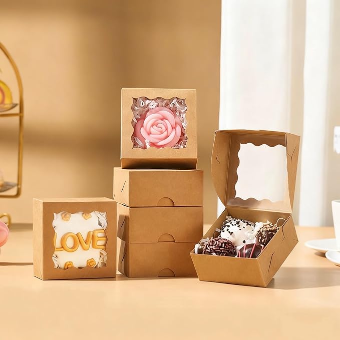 3.2x3.2x1.5 Inches 100PCS Chocolate Truffle Boxes Mini Bakery Boxes with Window for Cookies,Soap,Donut, Macaron,Brownie(Brown)