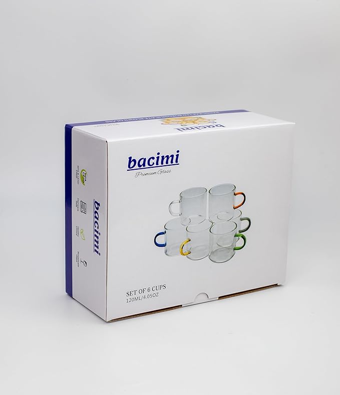 Bacimi® Clear Espresso Cups with Colorful Handles - Set of 6 / 4oz / 120ML - Borosilicate Glass Mugs for Cappuccino, Tea, Latte, & Hot Beverage - Mini Drinking Cups - Microwave Safe