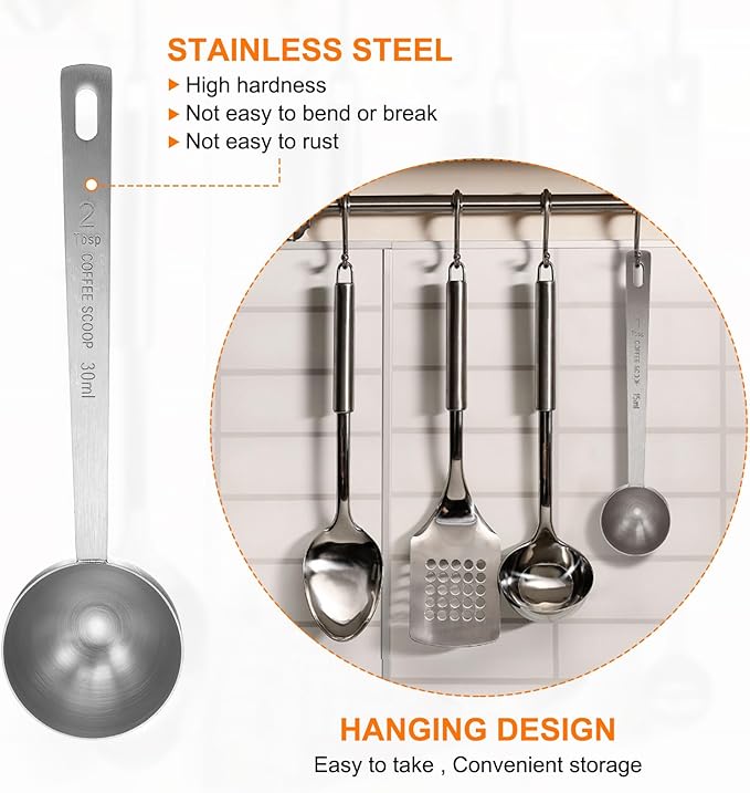 HARFINGTON 2pcs Coffee Scoop Spoon 2tbsp (6tsp, 30ml) 304 Stainless Steel Long Handle Teaspoon/Tablespoon Measuring Spoons Scoops for Tea Sugar Kitchen, Silver