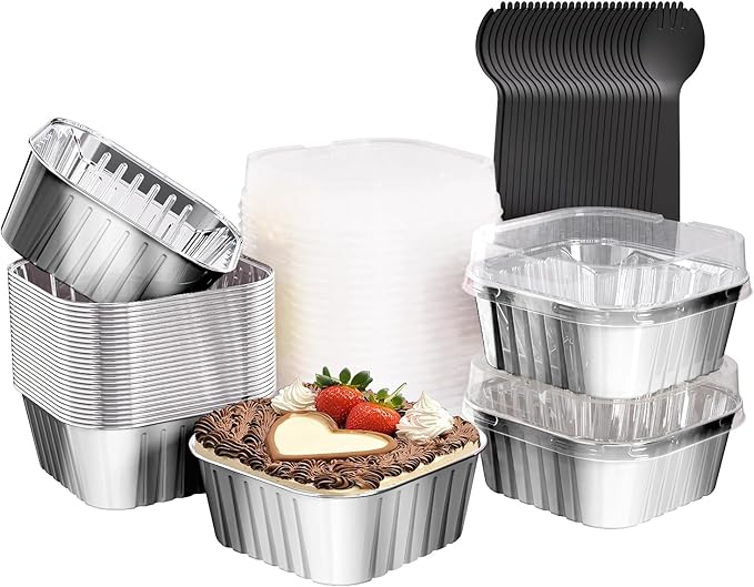 25 Pack Square Mini Cake Pans with Lids,Mini Loaf Pans with Lids,Aluminum Foil Baking Cups,Disposable Ramekins Cupcake Cups,Dessert Cups for Wedding Birthday Party Picnics,5oz (Silver)