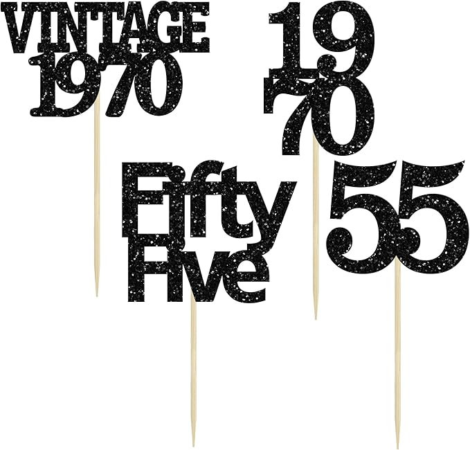 Gyufise 24Pcs Vintage 1970 Cupcake Toppers Glitter Cheers to 55 Fabulous Fifty Five Cupcake Picks 55th Birthday Wedding Anniversary Party Cake Decorations Supplies Black