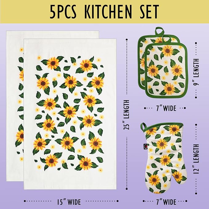 Oven Mitts and Potholders Dish Towles Set 100% Cotton for Perfect for Gifting, Baking and Everyday Cooking Durable Heat Resistant for Kitchen (5-Piece Sunflower)