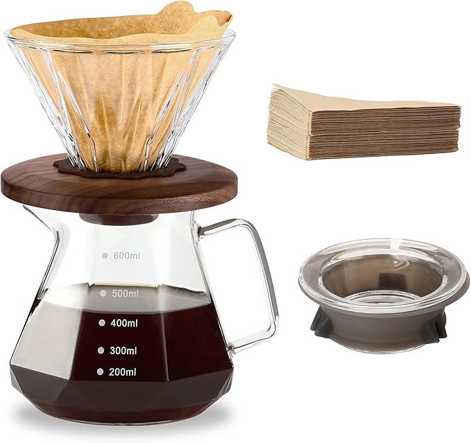Pour Over Coffee Maker, 20 oz Borosilicate Glass Carafe with 100 pcs Size 02 Paper Filter, Walnut Handle & Glass Lid, 600 ml, Clear
