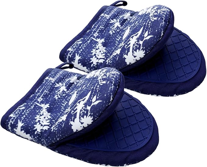 Mini Silicone Oven Mitts, Heat and Slip Resistant Kitchen Gloves 2-Pack Set, Birds Flower Soft Short Oven Mittens, Flexible Thick Pot Holders for Safe Cooking Baking and Grilling (Navy)
