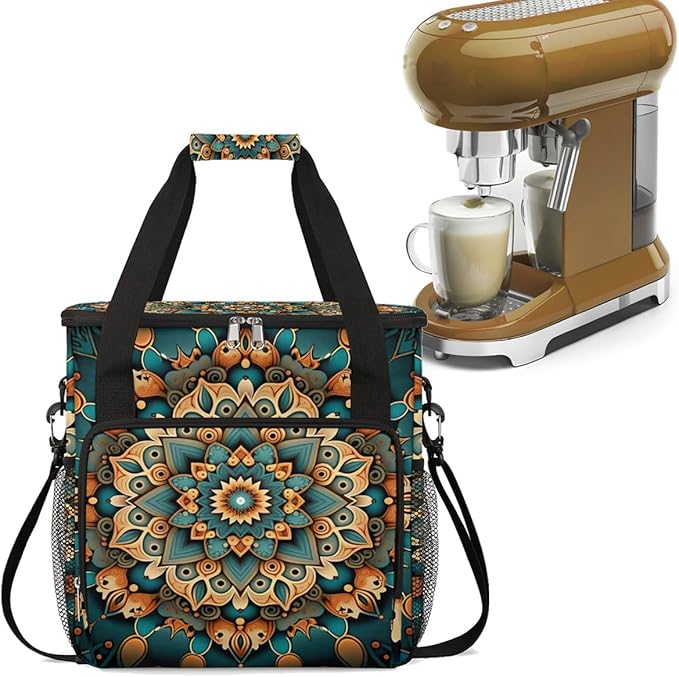 Ethnic Mandala Floral Flowers Coffee Maker Carrying Bag, Coffee Machine Travel Storage Bag Compatible with K-Mini or K-Mini Plus, Portable Single Serve Coffee Brewer Case with Pockets for K-Cup Pods