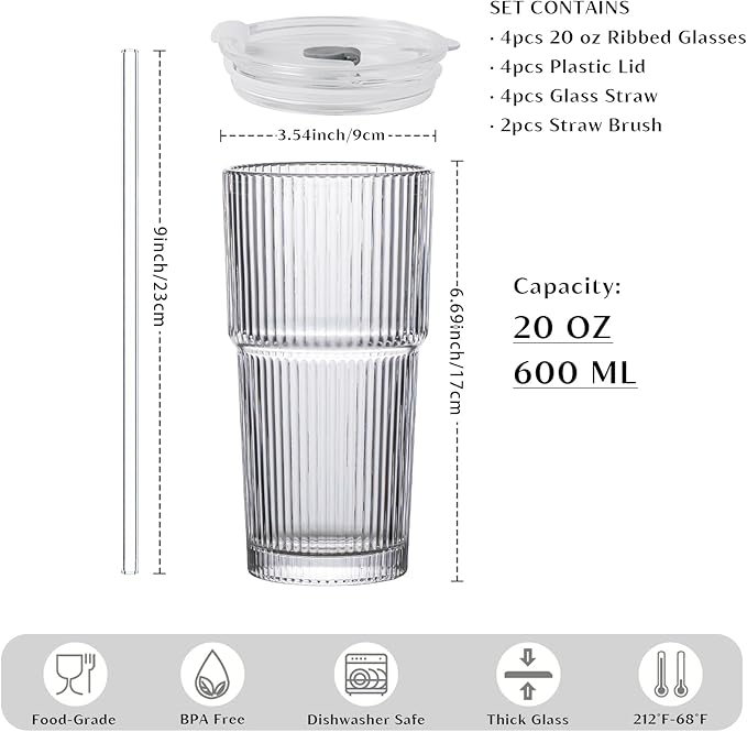 INSETLAN 20 oz Ribbed Glass Tumblers with Lids and Glass Straws – 4-Piece Glassware Set, Thickened Glass, Ideal for Iced Coffee, Smoothies, Cocktails, and Juices – Elegant and Durable Drinkware